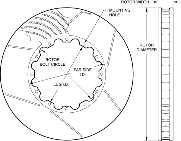 Wilwood GT 60 curved vane rotor dimension diagram for 160-13787-GTB