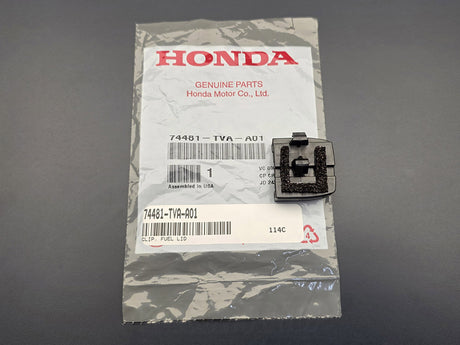 Genuine OEM Honda Accord fuel lid clip 74481-TVA-A01 with Honda packaging