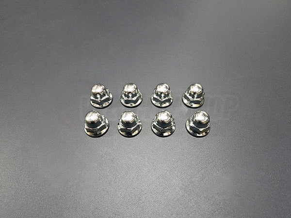 OEM B-Series Valve Cover Nuts 8‑pc kit on engine bay, stainless steel acorn nuts 10 mm