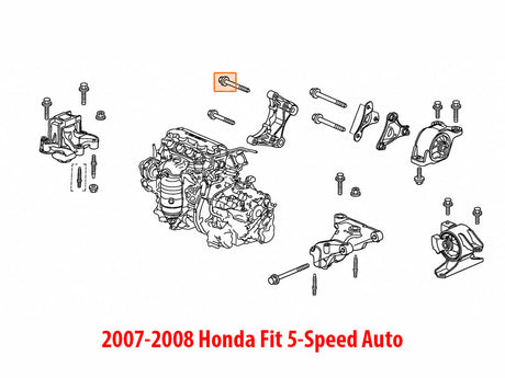 Diagram showing Genuine OEM Honda 90163-SZ3-000 10x45 flange bolt location for 2007-2008 Honda Fit 5-speed automatic engine/transmission mount application