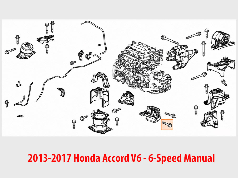 Diagram showing Genuine OEM Honda 90163-SZ3-000 10x45 flange bolt location for 2013-2017 Honda Accord V6 6-speed manual engine/transmission mount application