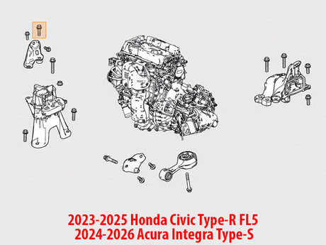 Diagram showing Genuine OEM Honda Acura 90163-SZ3-000 10x45 flange bolt location for 2023-2025 Civic Type R FL5 and 2024-2026 Integra Type S engine mount application