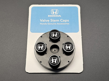 OEM Honda H-logo valve stem caps 08W48-PL4-100A on retail card – set of 4