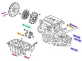 OEM Honda K20A2 K20Z1 K20Z3 transmission starter and clutch inspection cover bolt kit, color coded diagram