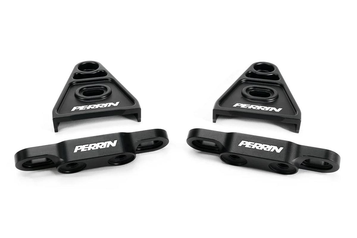 Black PERRIN high-lift hood brackets for 2015–2026 Subaru WRX and 2015–2021 STI lay down view