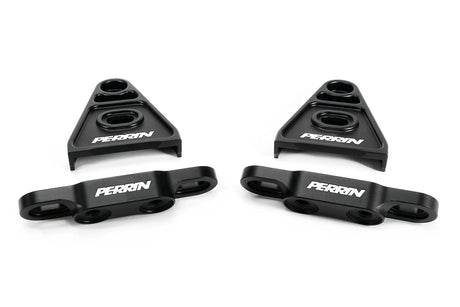 Black PERRIN high-lift hood brackets for 2015–2026 Subaru WRX and 2015–2021 STI lay down view