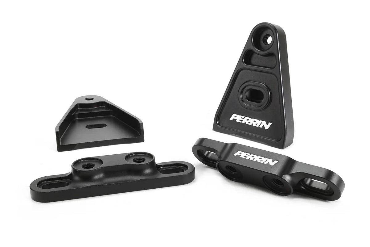 Black PERRIN high-lift hood brackets for 2015–2026 Subaru WRX and 2015–2021 STI rear and under view