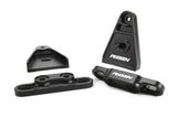Black PERRIN high-lift hood brackets for 2015–2026 Subaru WRX and 2015–2021 STI rear and under view
