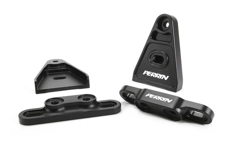 Black PERRIN high-lift hood brackets for 2015–2026 Subaru WRX and 2015–2021 STI rear and under view