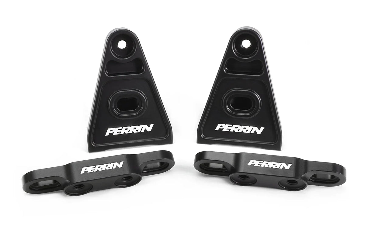 Black PERRIN high-lift hood brackets for 2015–2026 Subaru WRX and 2015–2021 STI