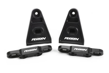 Black PERRIN high-lift hood brackets for 2015–2026 Subaru WRX and 2015–2021 STI