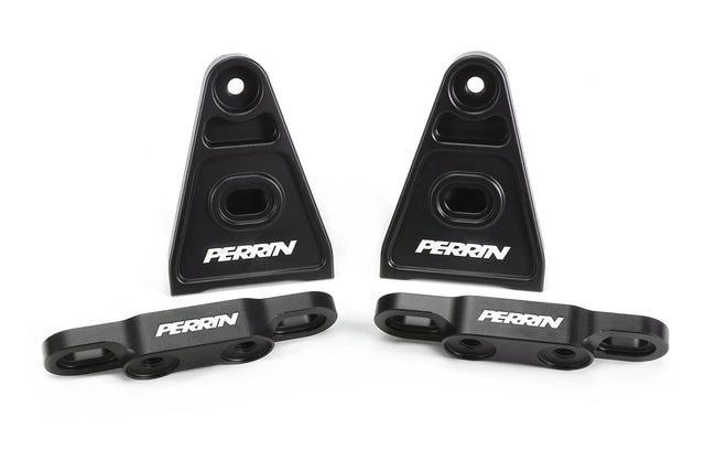 Black PERRIN high-lift hood brackets for 2015–2026 Subaru WRX and 2015–2021 STI