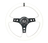 NRG Reinforced Steering Wheel (350mm/3in. Deep) White Leather w/Black Spoke/Round Holes