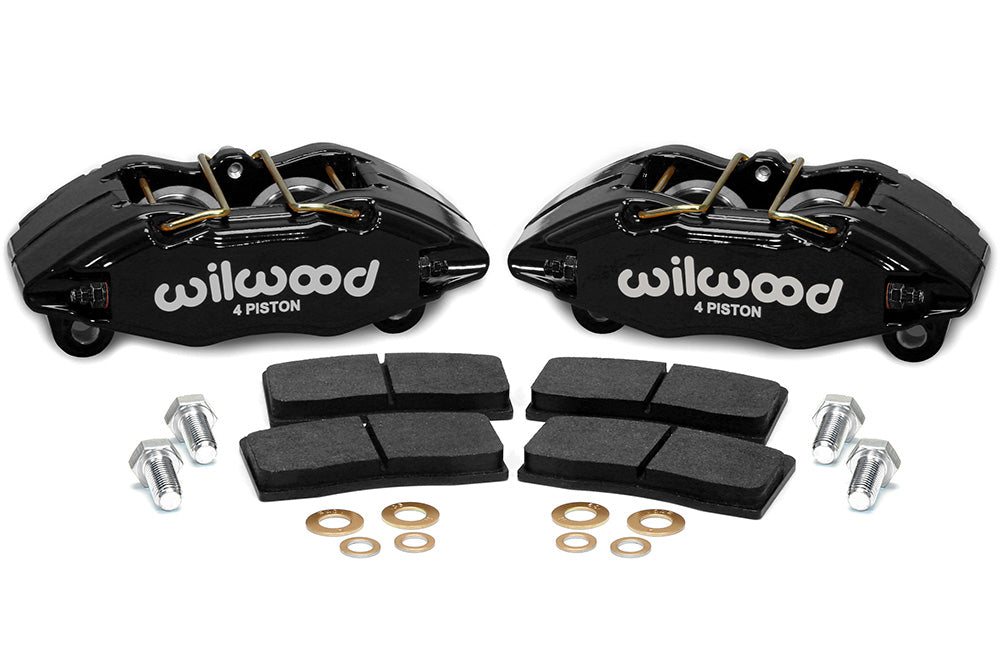 Black Wilwood Forged DPHA four-piston front calipers, BP-10 pads and hardware for Honda and Acura 262mm brakes