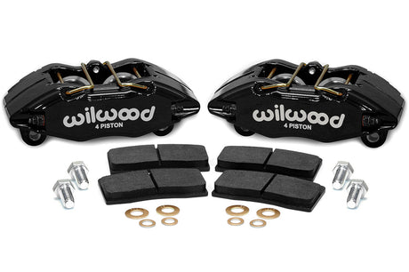 Black Wilwood Forged DPHA four-piston front calipers, BP-10 pads and hardware for Honda and Acura 262mm brakes