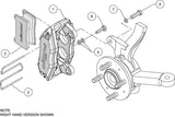 Wilwood DPHA front caliper installation schematic with pads, mounting bolts and factory Honda Acura spindle