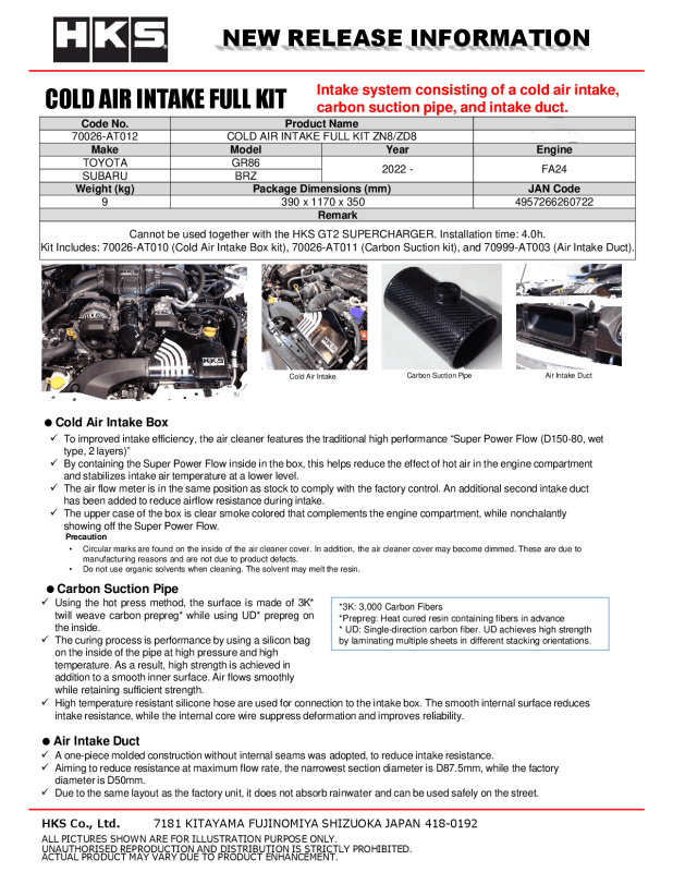 HKS Subaru ZN8/ZD8 Cold Air Intake Full Kit | 70026-AT012