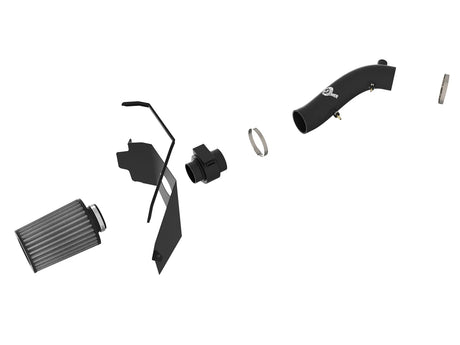 Exploded view of aFe 54-13014D filter, heat shield, intake tube, adapter and clamps