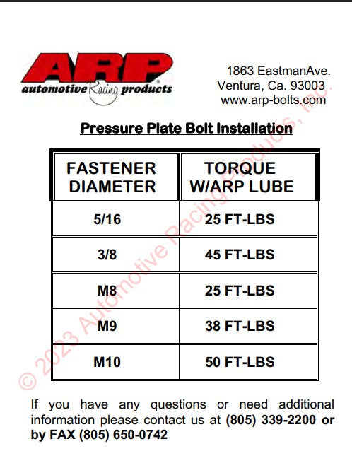 ARP Pressure Plate Torque Spec Sheet M10 w/ ARP Lube