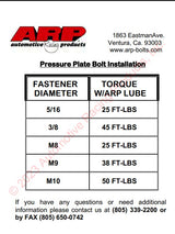 ARP Pressure Plate Torque Spec Sheet M10 w/ ARP Lube