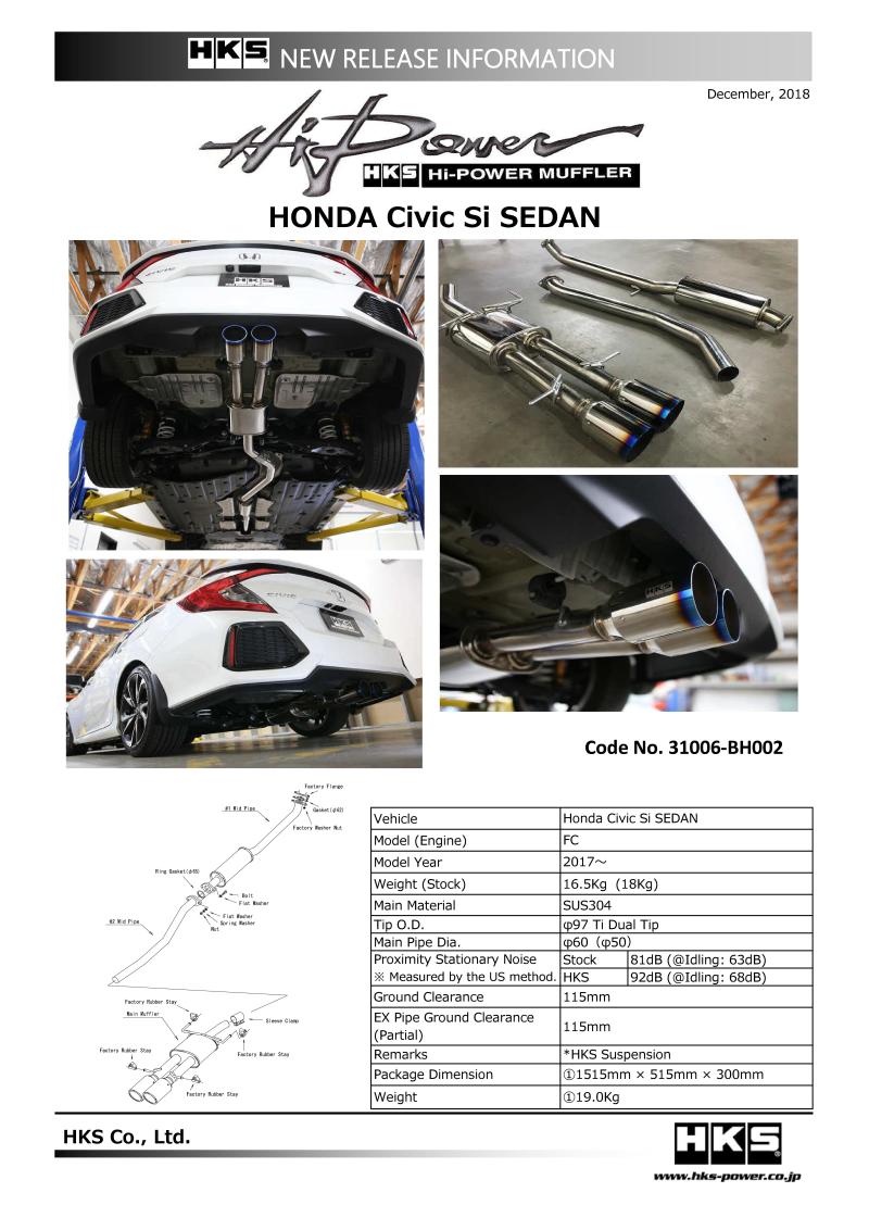 HKS 17+ Honda Civic Si Sedan (FC) Hi-Power Muffler Exhaust | 31006-BH002