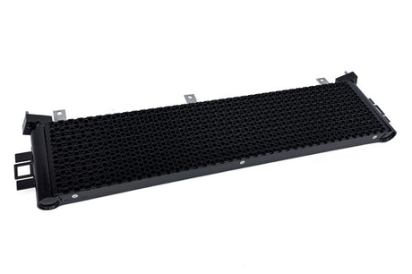 Angled top view of CSF high performance BMW B58 engine oil cooler showing full length core and reinforced end tank construction