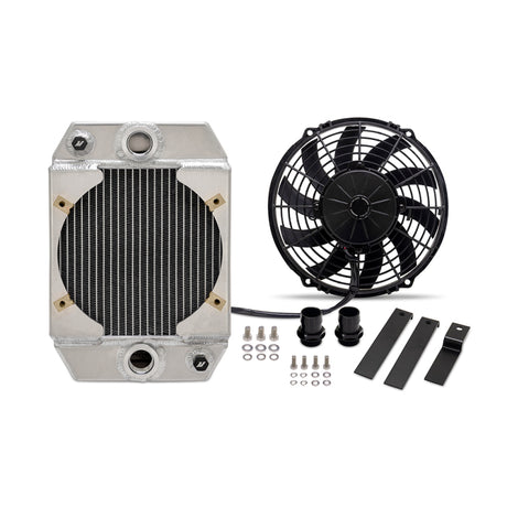 Mishimoto universal drag race aluminum radiator natural finish rear view with inlet outlet