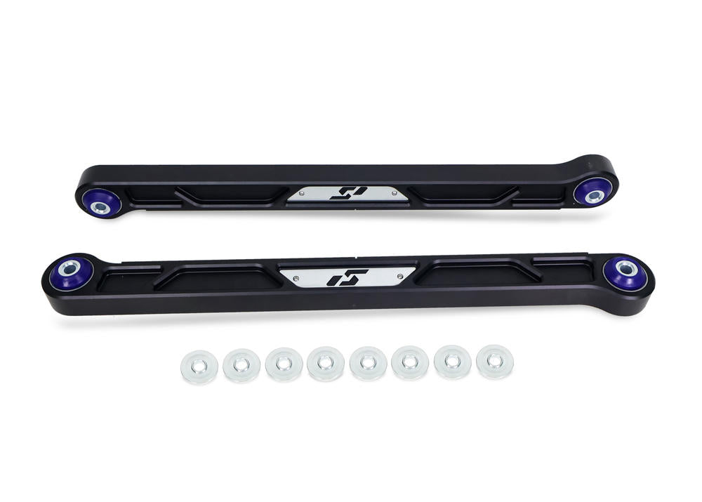 SuperPro billet rear lower trailing arm pair for Toyota Tundra Land Cruiser and Lexus GX LX - View with Logo Plates
