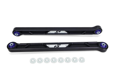SuperPro billet rear lower trailing arm pair for Toyota Tundra Land Cruiser and Lexus GX LX - View with Logo Plates
