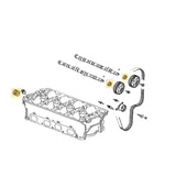 Exploded B-series cylinder-head diagram highlighting cam seal and plug positions