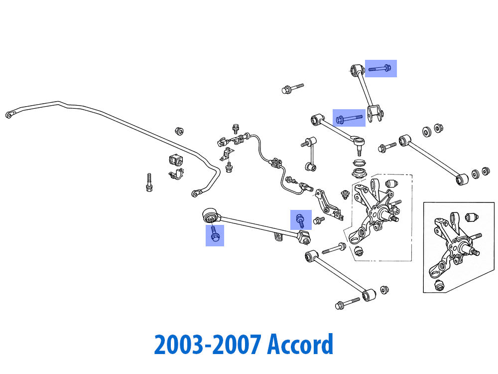 OEM Honda Acura rear trailing arm and rear leading arm bolt location diagram for 03-07 Accord 04-08 TSX TL