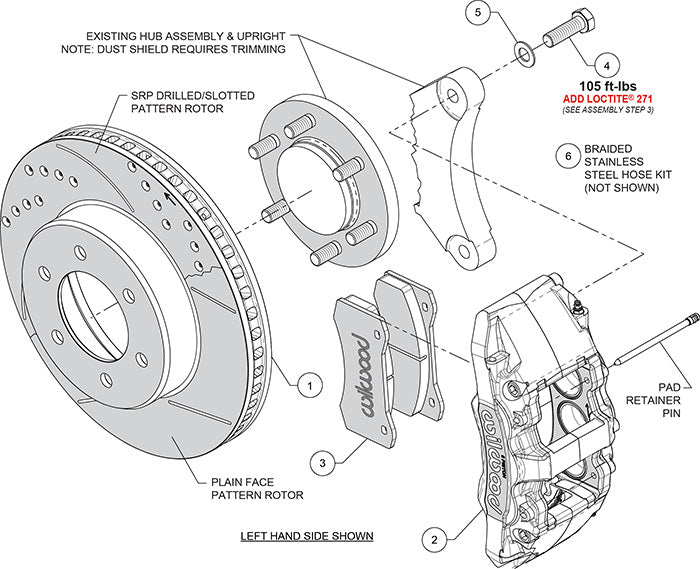 Wilwood AERO6-DM front brake kit assembly schematic for 140-17528-R