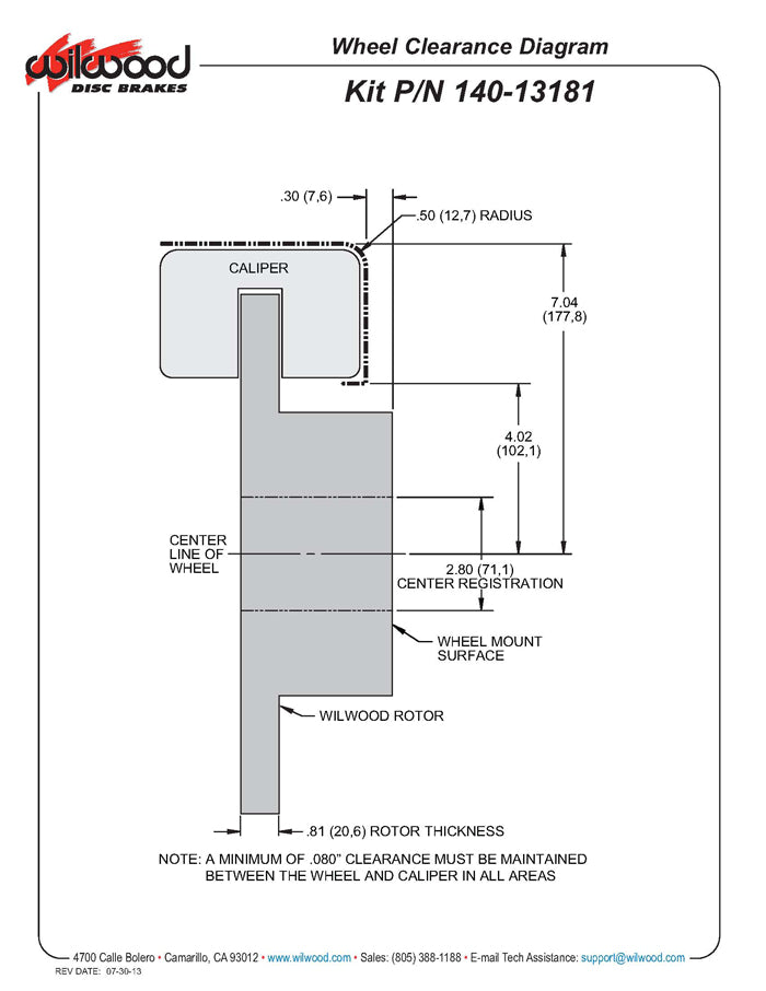 Wheel clearance diagram for Wilwood 12.19 inch Dynapro rear brake kit