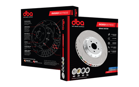 DBA 2-piece front brake rotor slotted face and black hat detail