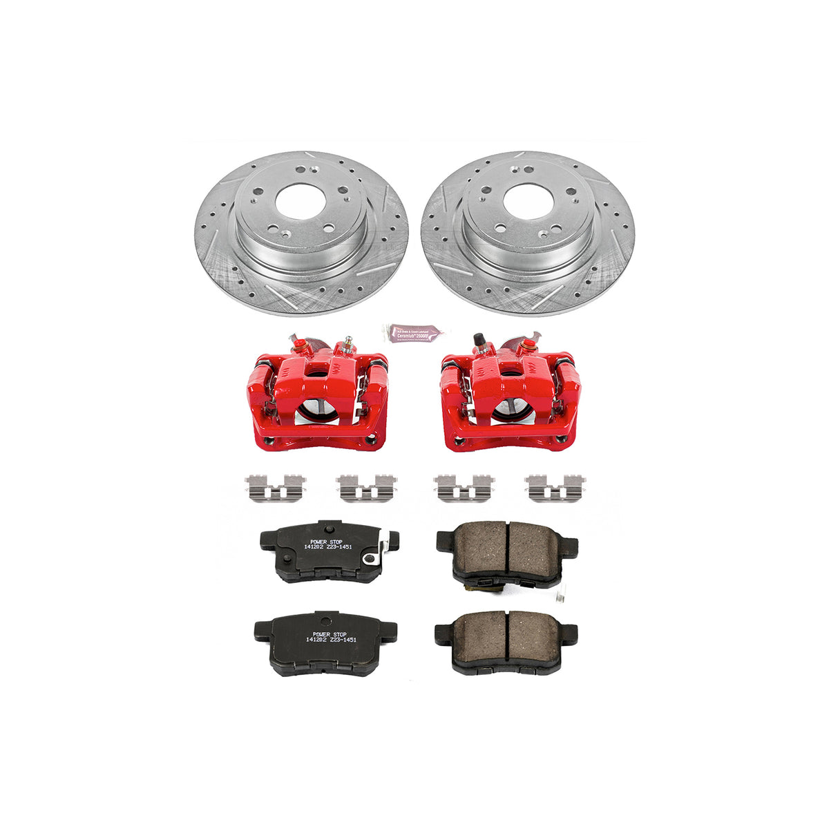 PowerStop KC5368 rear Z23 brake kit with red calipers, drilled and slotted rotors, ceramic pads and hardware for 2011–2014 Acura TSX