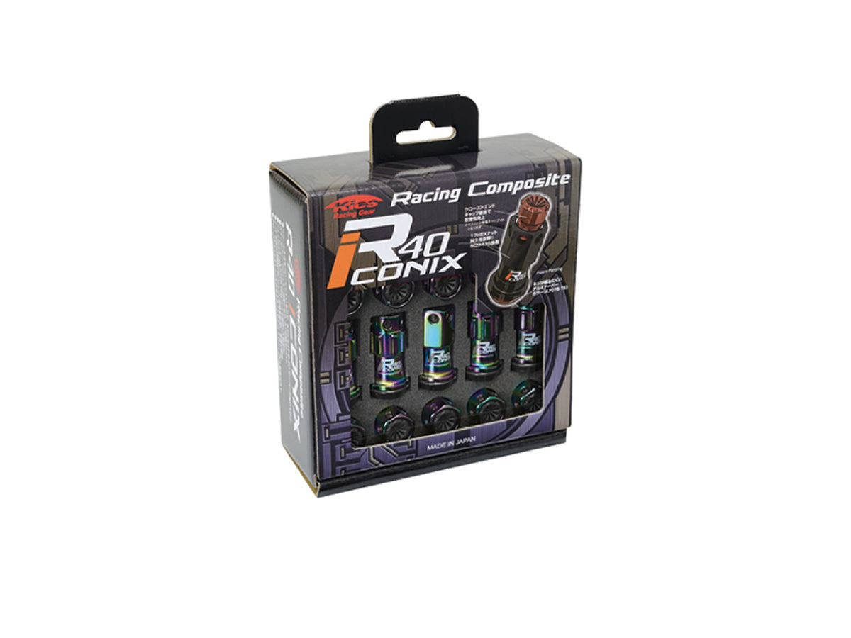 Project Kics R40 Iconix M12 x 1.25 Neo Chrome lug nuts with black caps and wheel locks