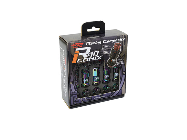Project Kics R40 Iconix M12 x 1.25 Neo Chrome lug nuts with black caps and wheel locks