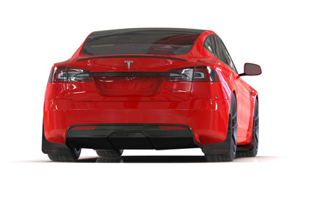 Black Rally Armor UR mud flaps with red logos for 2021–2026 Tesla Model S and Model S Plaid Installed View