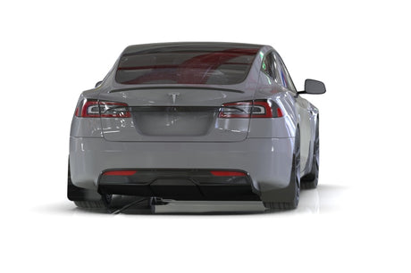Black Rally Armor UR mud flaps with metallic black logos for 2021–2026 Tesla Model S and Model S Plaid Installed View