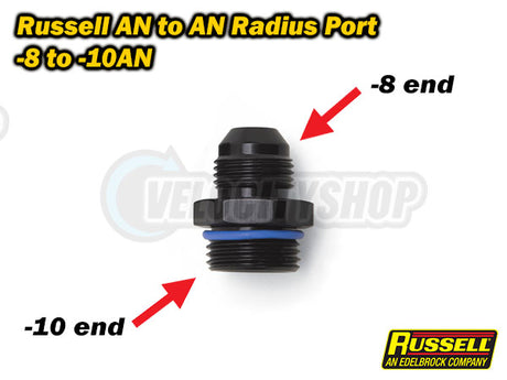 Russell Adapter Fitting -8 AN to -10 AN Radius Port, W/ O-Ring Black