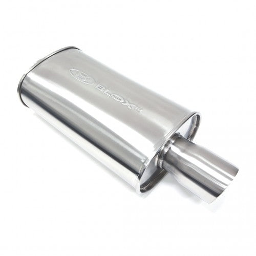 Blox 2.25" EXHAUST MUFFLER SL SPORT MUFFLER BRUSHED SILVER 2.25" SL Sport Muffler - Brushed Silver w/ Double-wall Tip Center in, center out; DWT